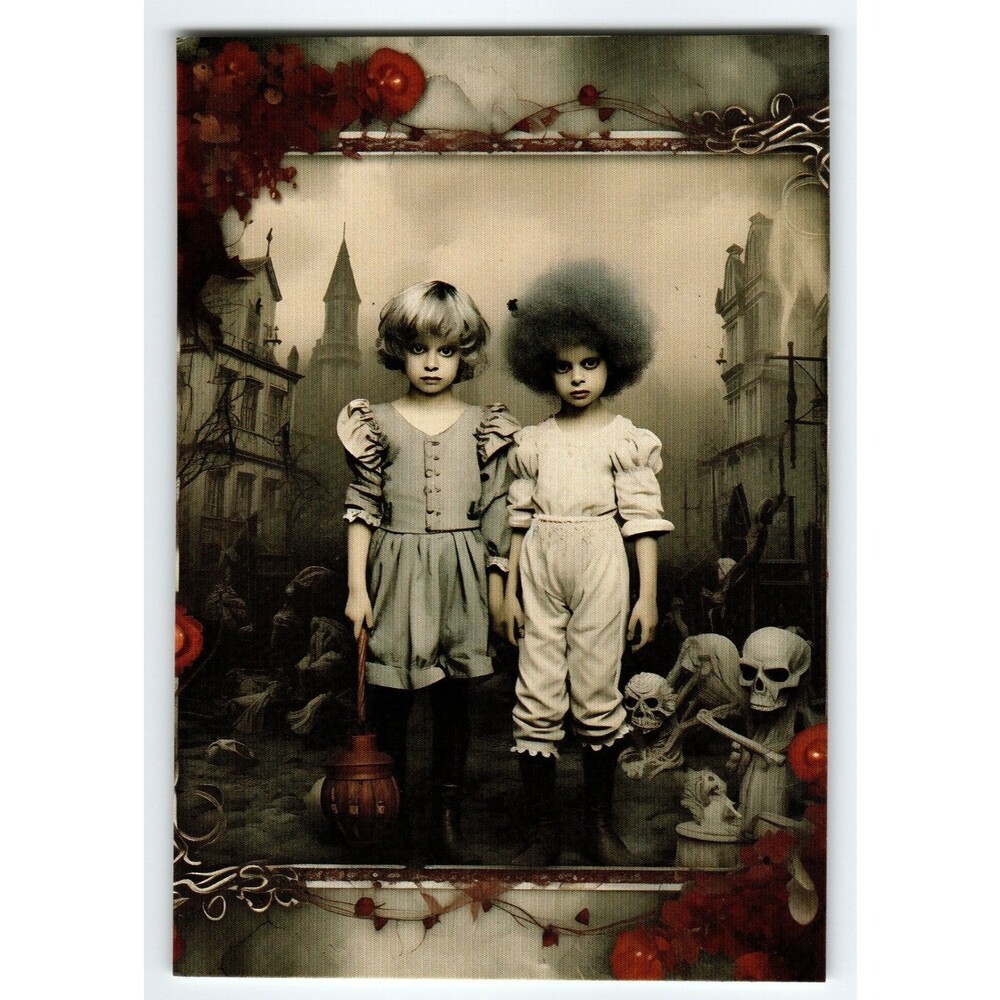 Photochrome Halloween Postcard with Vintage Gothic Children & Skeletons